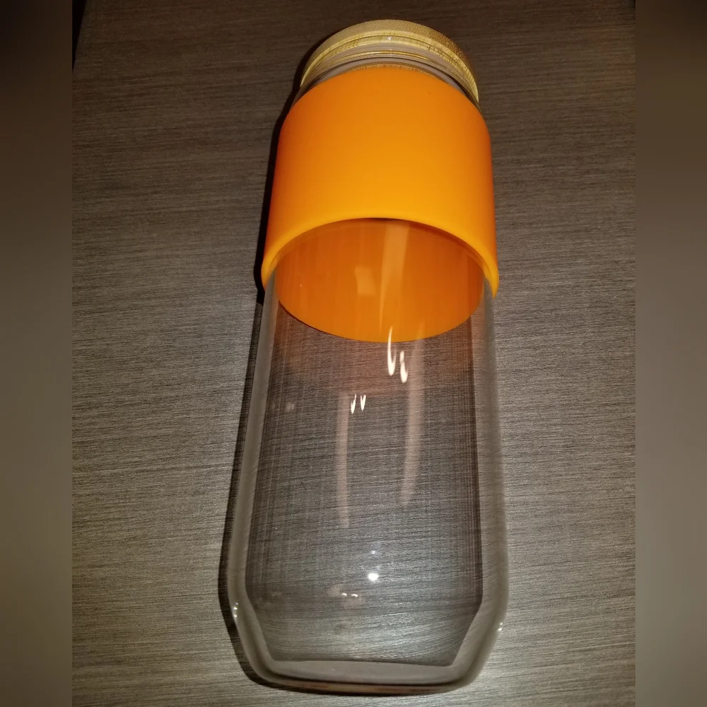 24oz Glass Tumbler with Orange Silicone Sleeve And Bamboo Lid